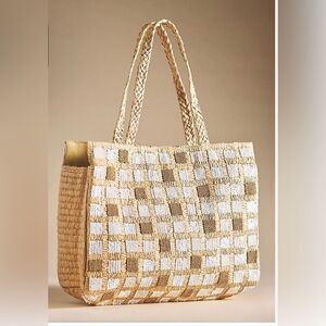 🤎MADE IN INDIA handmade Woven Checkered Sequin Tote Bag - White and Tan-NWT🤎
